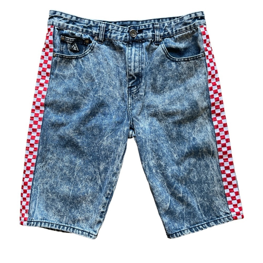 DNM Retro Red Checkered Tape Sandblasted Jean Shorts. Size 36